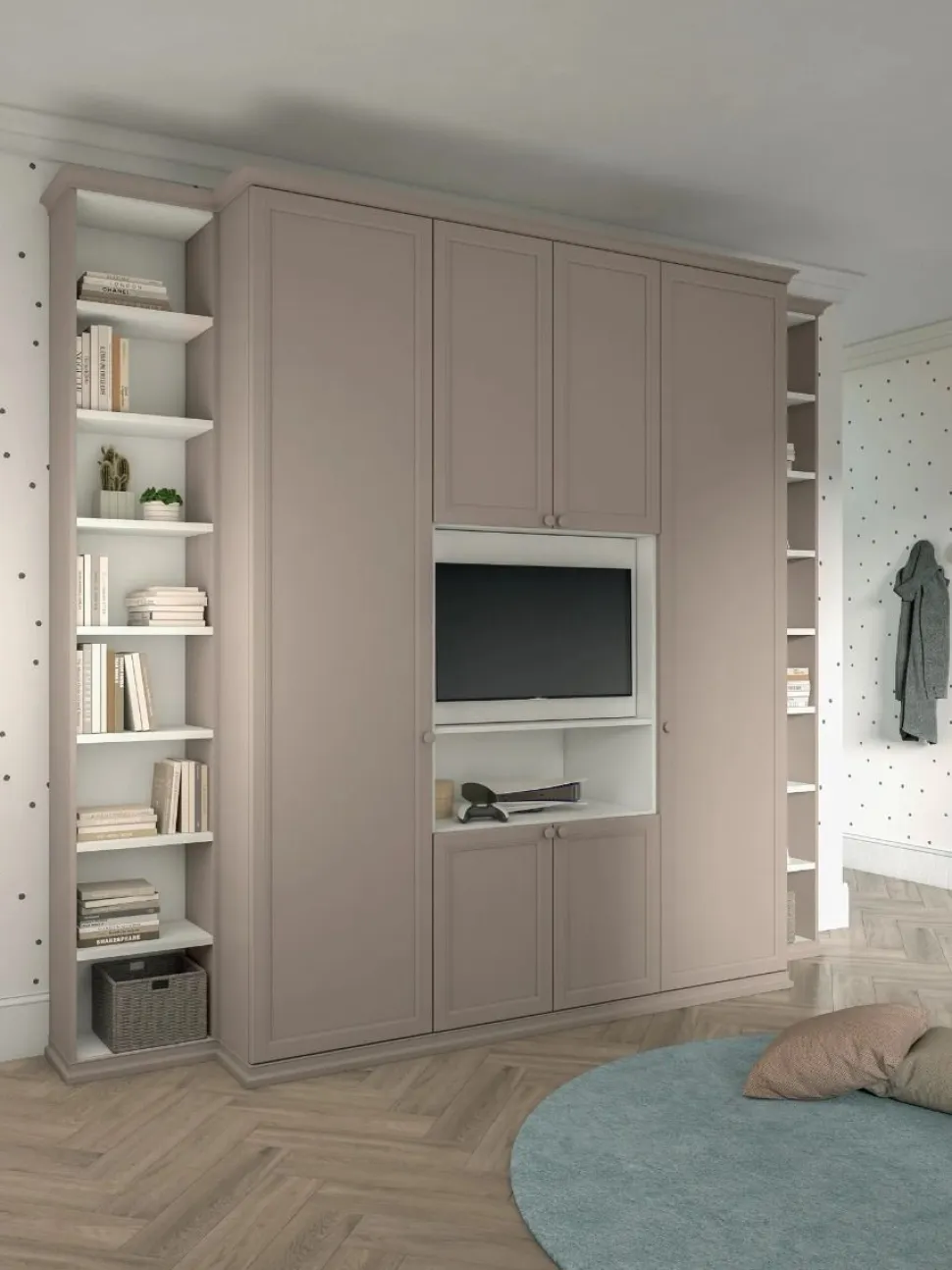 Armadio con vano Tv 6 ante battenti e 2 librerie linea Omega disponibile in 2 misure e vari colori