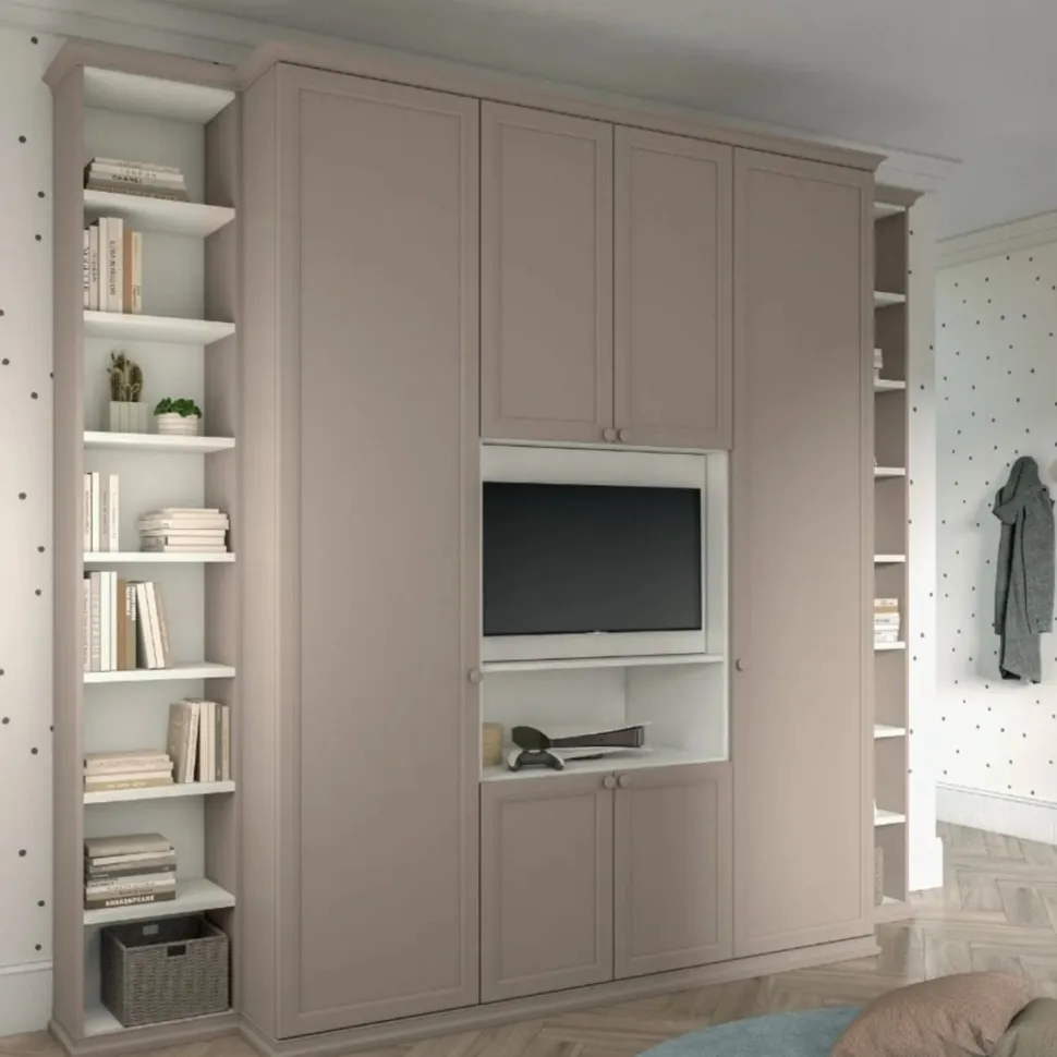 Armadio con vano Tv 6 ante battenti e 2 librerie linea Omega disponibile in 2 misure e vari colori