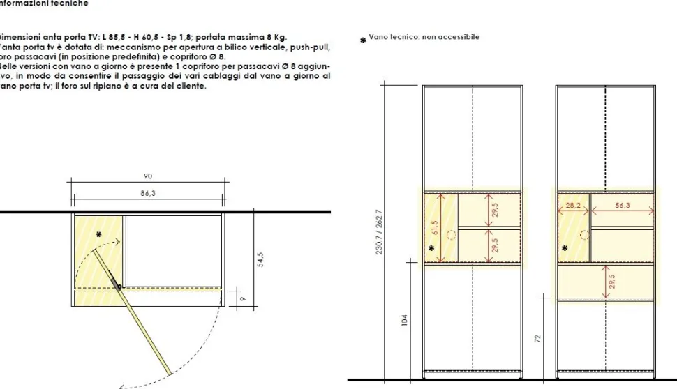 Armadio con vano Tv 6 ante battenti e 2 librerie linea Omega disponibile in 2 misure e vari colori