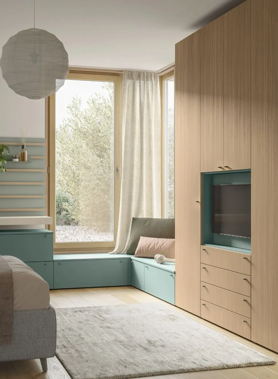 Armadio con vano Tv girevole 5 ante battenti e 4 cassetti linea Airone