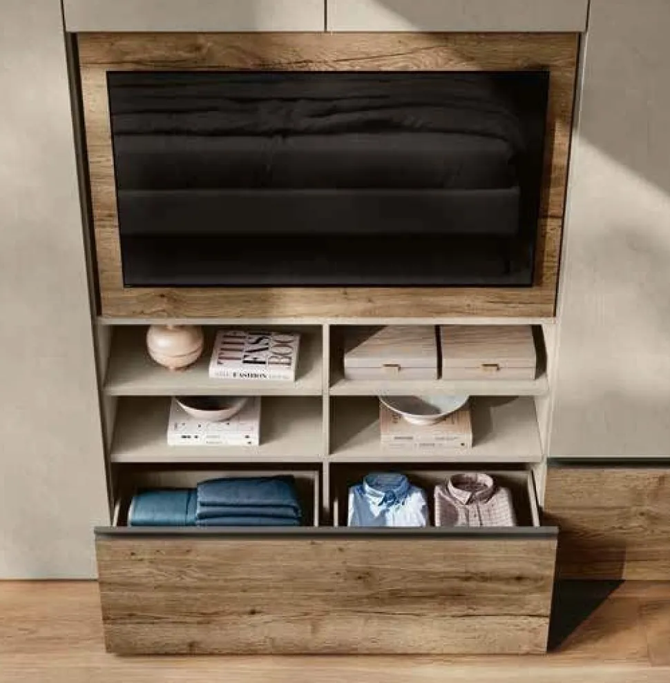 Armadio guardaroba con Vano TV integrato con ante a cassetti disponibile in vari colori
