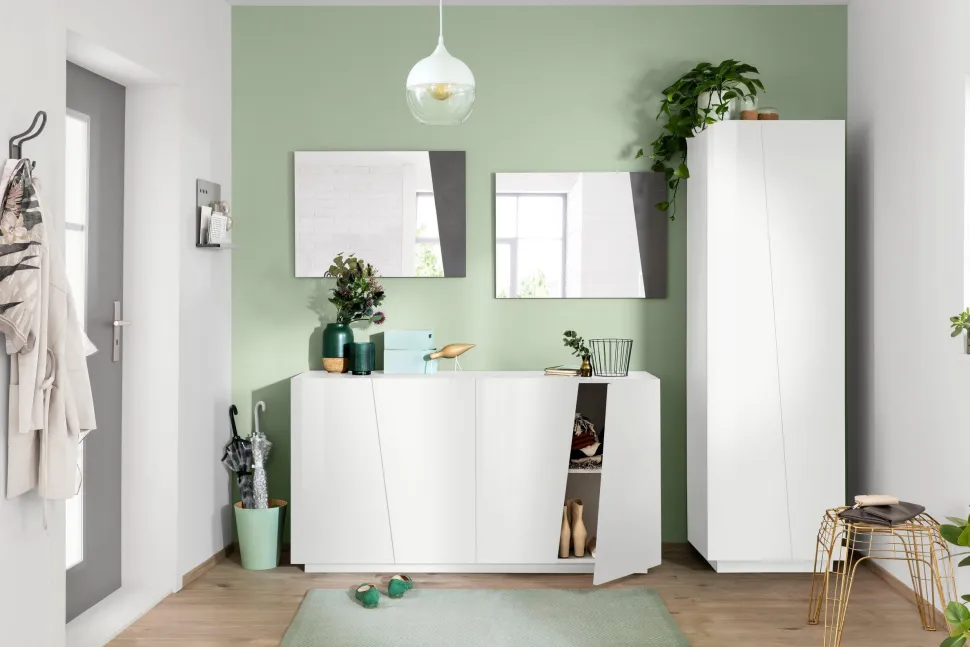 Armadio Guardaroba da ingresso 2 ante linea Virgola finitura Bianco Lucido con grafica floreale