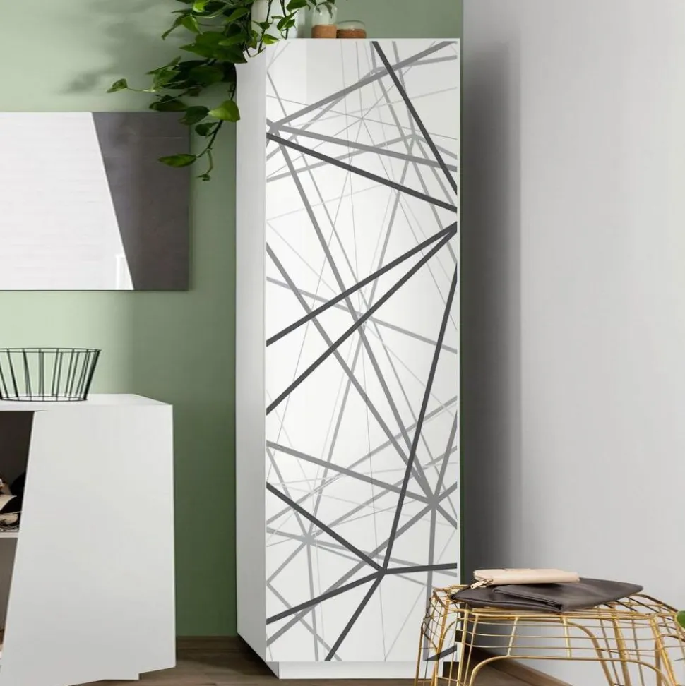 Armadio Guardaroba da ingresso 2 ante linea Virgola finitura Bianco Lucido con grafica geometrica