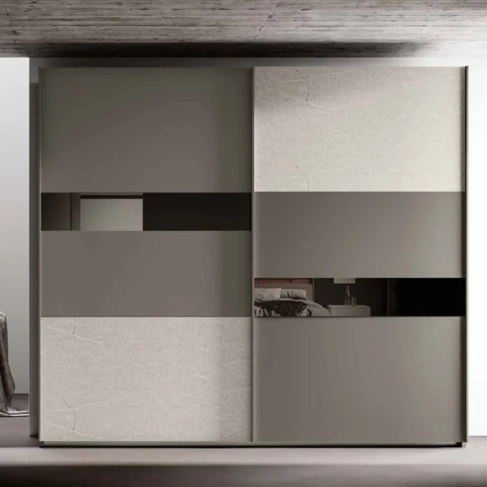 Armadio moderno a 2 ante scorrevoli con inserti a Specchio Grigio cenere e Rovere grigio disponibile in vari colori
