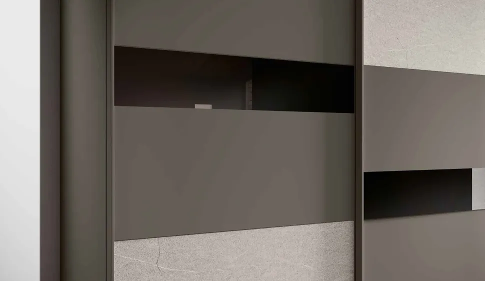 Armadio moderno a 2 ante scorrevoli con inserti a Specchio Grigio cenere e Rovere grigio disponibile in vari colori