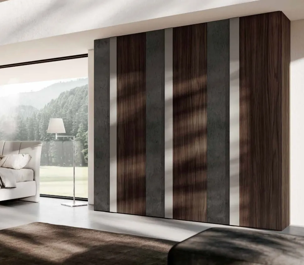 Armadio moderno 6 ante battenti in Rovere Gessato e Moka con maniglia Integrata a tutta altezza disponibile in vari colori