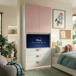 Armadio moderno battente con vano TV girevole e cassetti