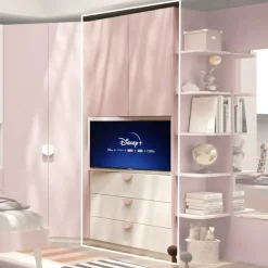 Armadio moderno battente con vano TV girevole e cassetti