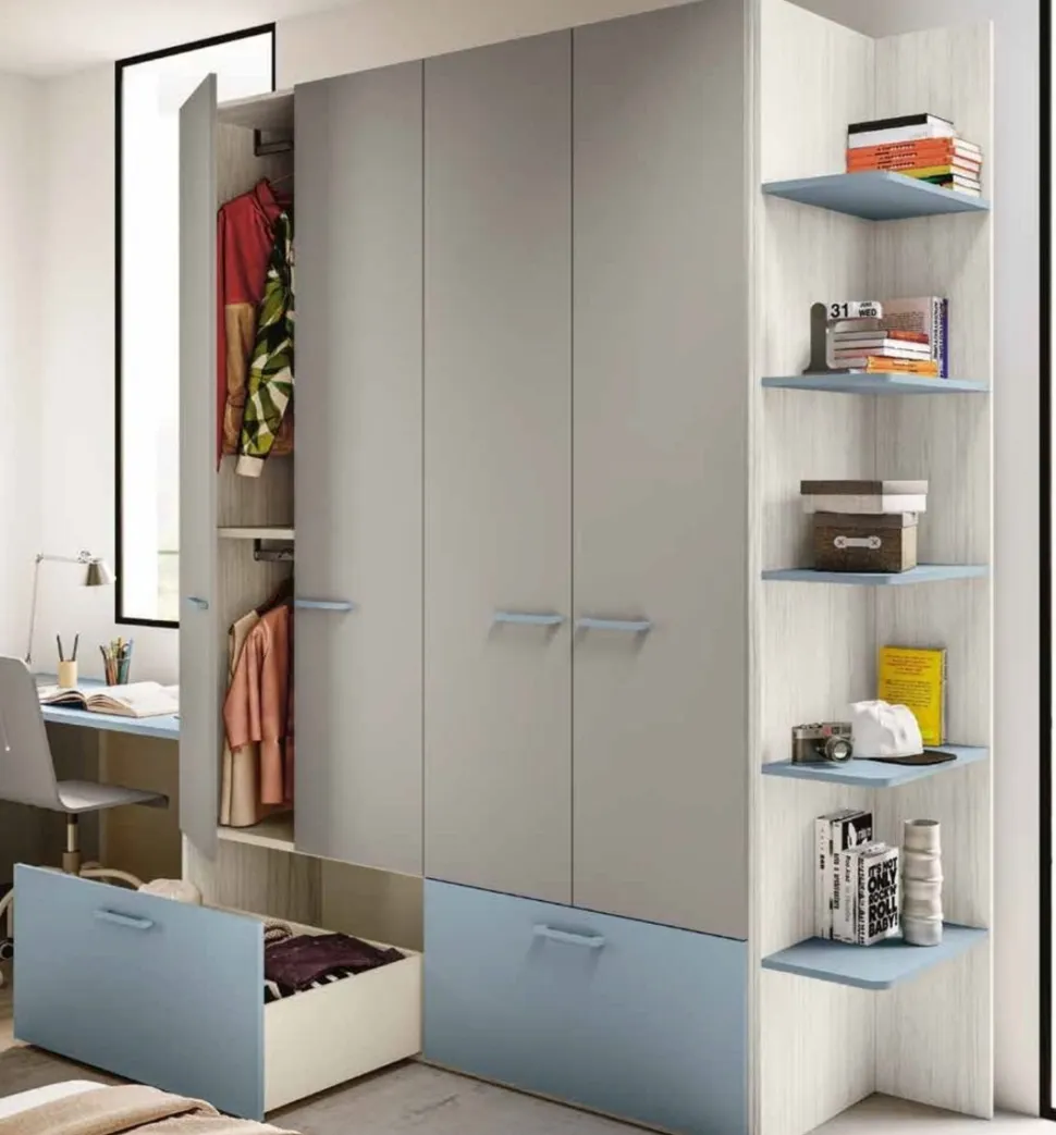 Armadio moderno con ante grigie, cassetti azzurri e libreria laterale integrata disponibile in 2 misure e vari colori