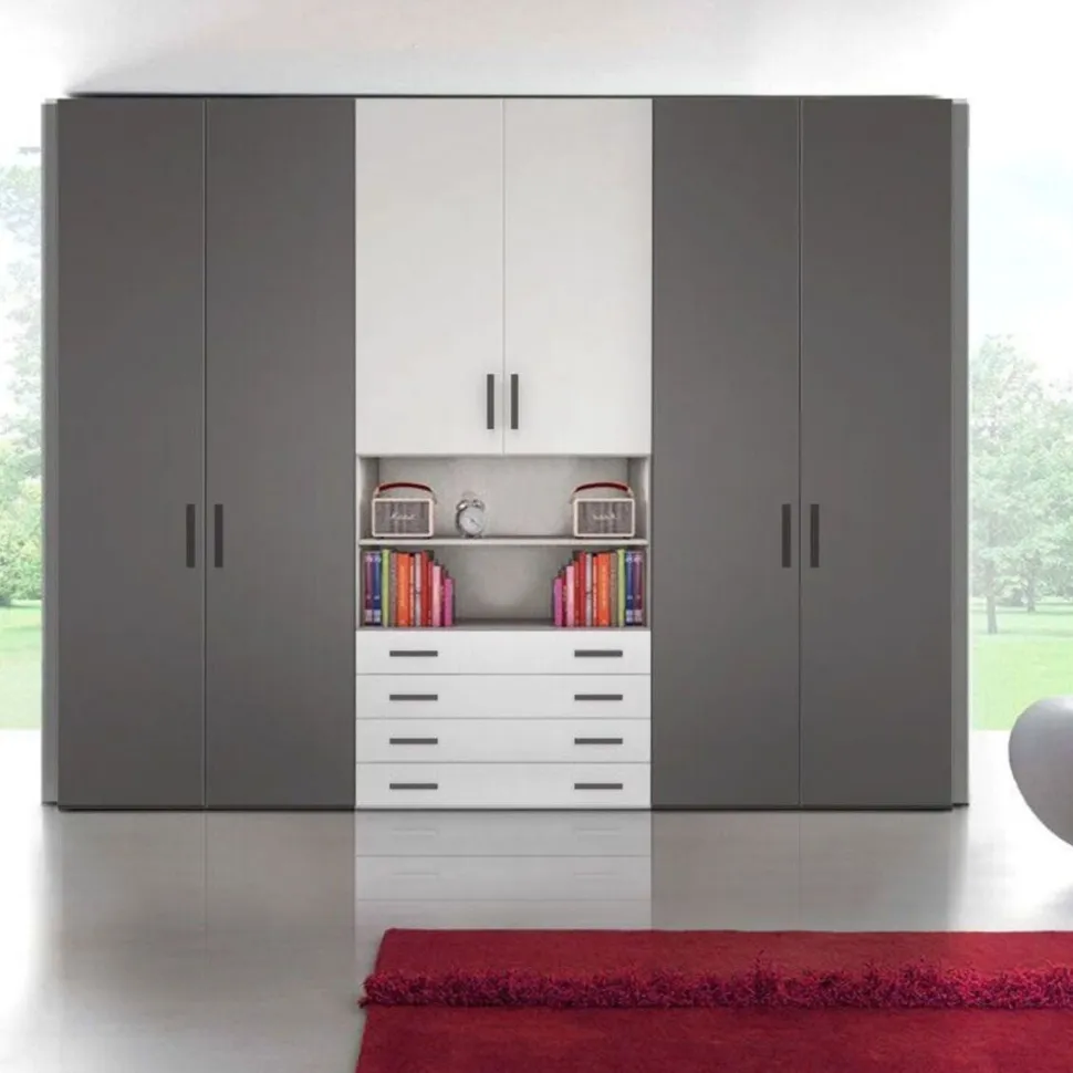 Armadio Oliver 6 ante battenti e 4 cassetti linea Volo disponibile in 2 misure e 15 colori