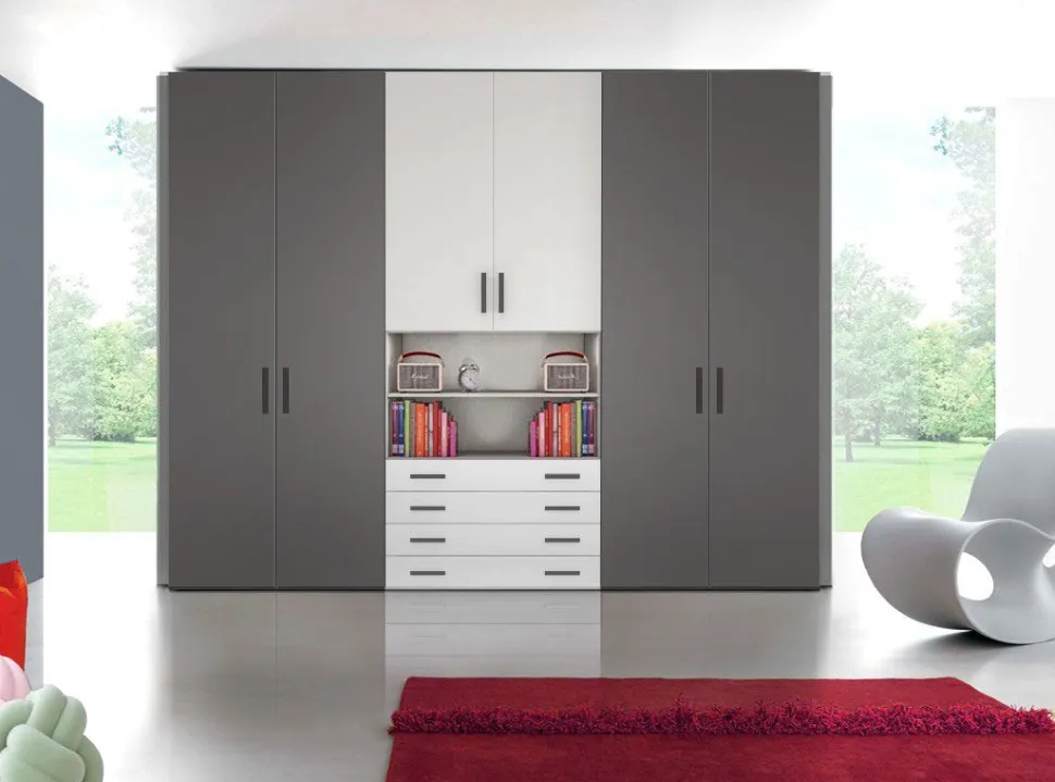 Armadio Oliver 6 ante battenti e 4 cassetti linea Volo disponibile in 2 misure e 15 colori