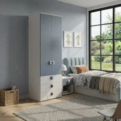 Armadio per cameretta con 2 ante battenti e 3 cassetti Blu Navy e Bianco Opaco disponibile in vari colori