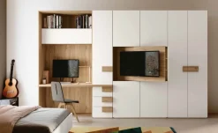 Armadio salvaspazio con vano Tv e zona studio 7 ante battenti Bianco Opaco e Noce Biondo
