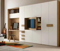Armadio salvaspazio con vano Tv e zona studio 7 ante battenti Bianco Opaco e Noce Biondo