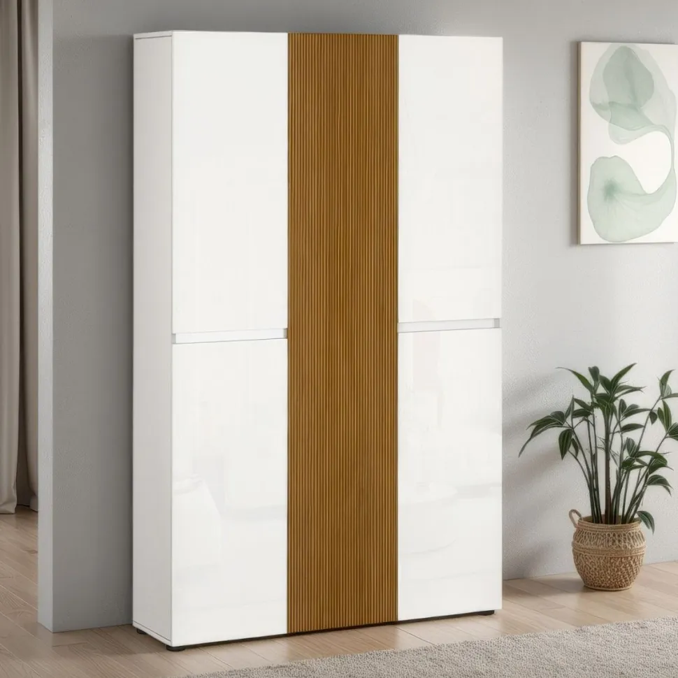 Armadio Scarpiera Salvaspazio Lady 5 ante Bianco Lucido e Rovere Cannettato