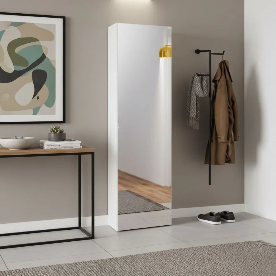 Armadio Scarpiera stretta 1 anta battente a specchio Fit in finitura Bianco Lucido