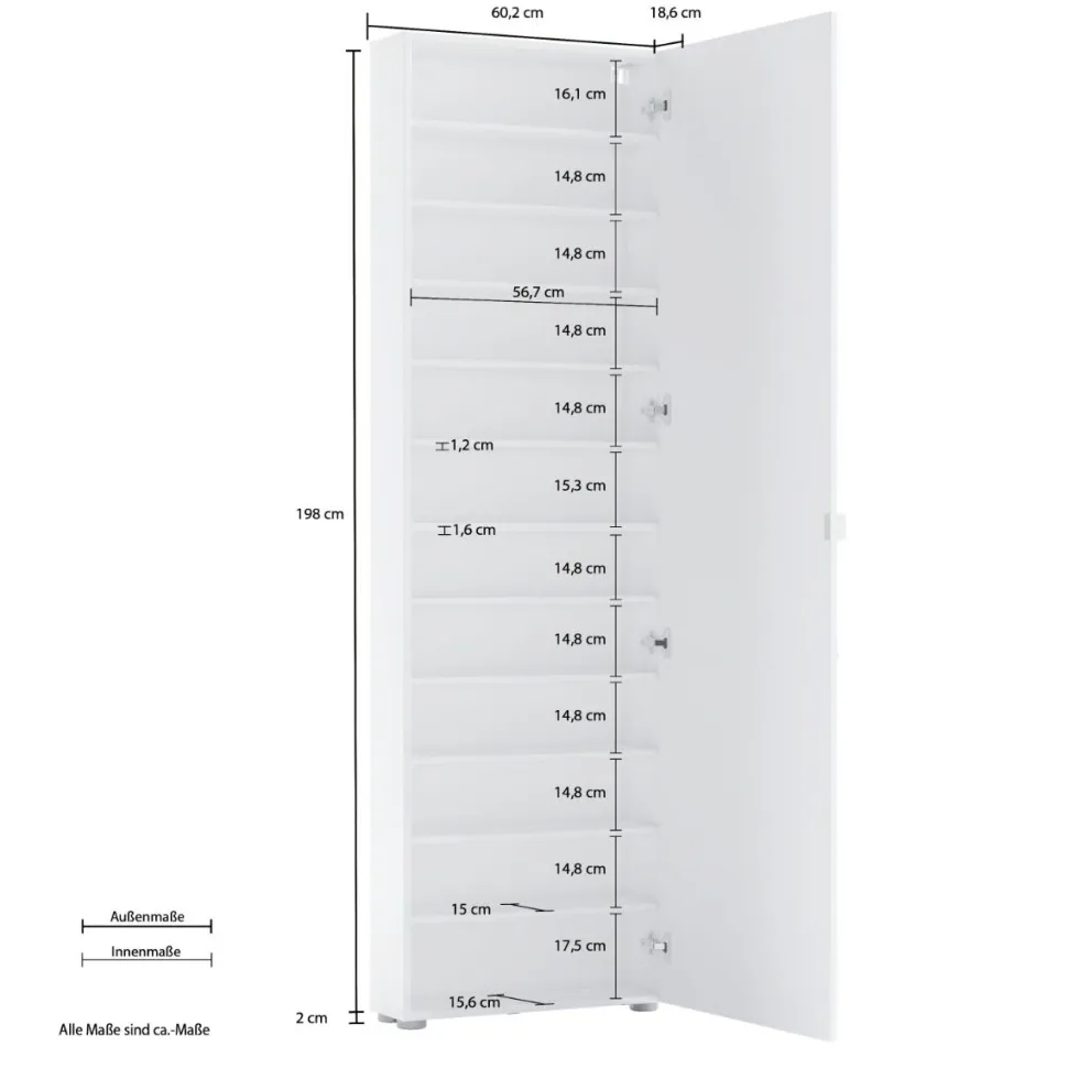 Armadio Scarpiera stretta 1 anta battente a specchio Fit in finitura Bianco Lucido