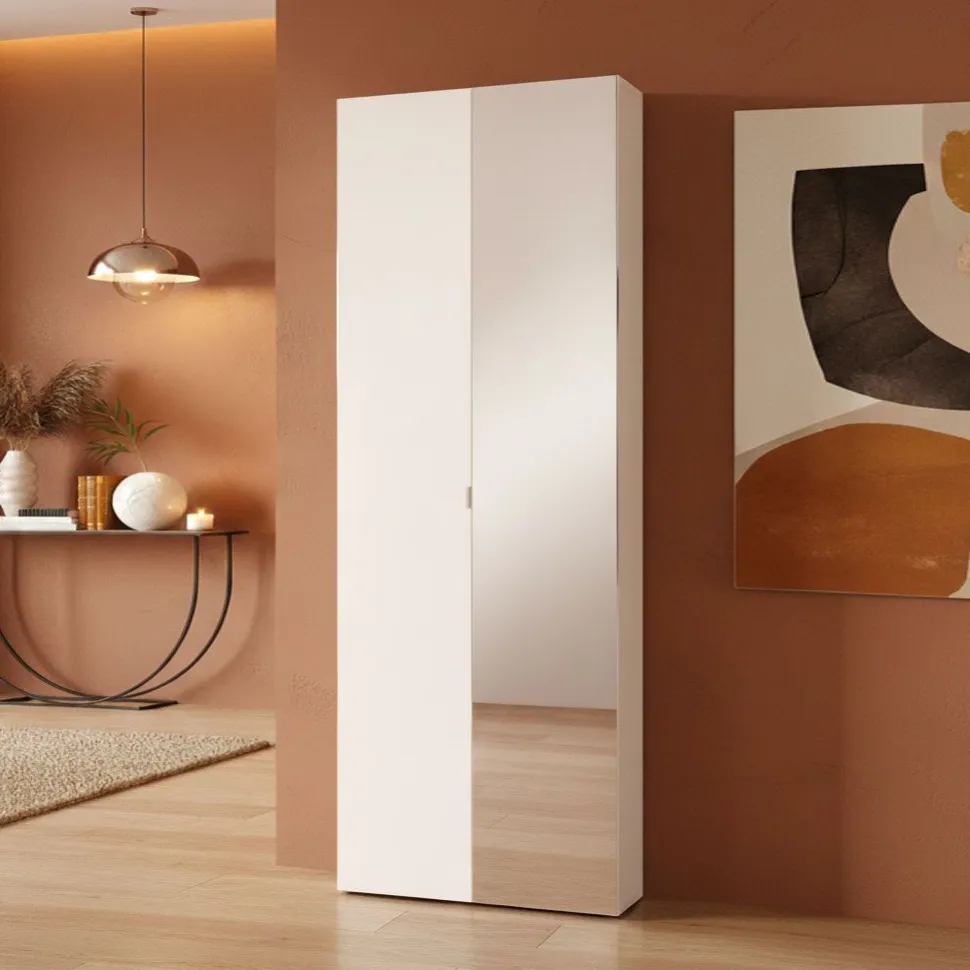 Armadio Scarpiera stretta 2 ante battenti con specchio Fit in finitura Bianco Lucido