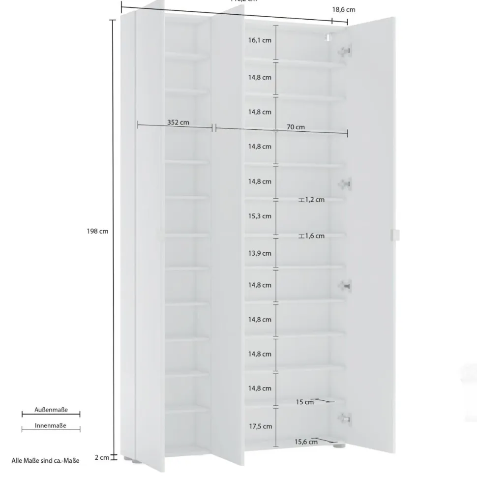 Armadio Scarpiera stretta 3 ante battenti con specchio Fit in finitura Bianco Lucido