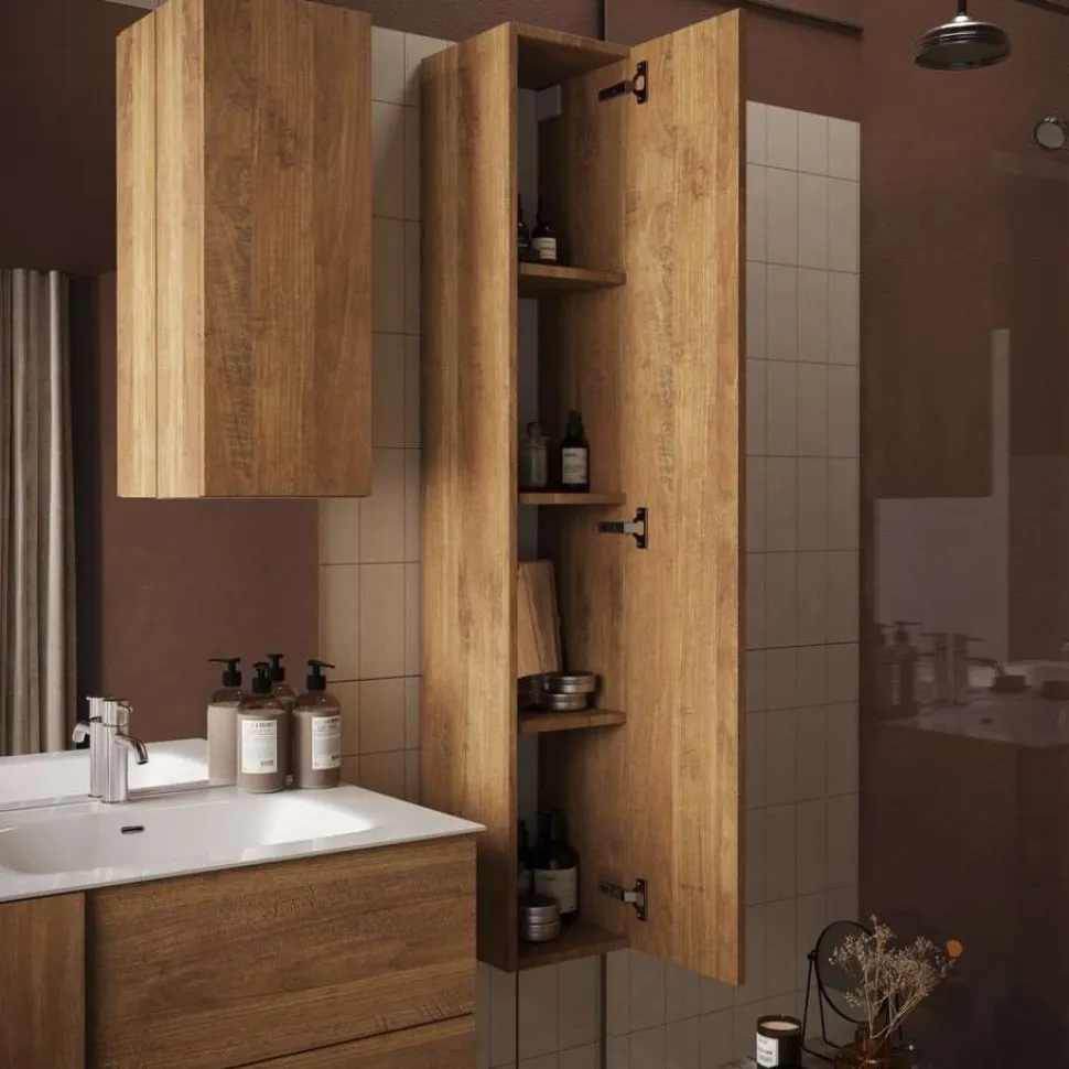 Bagno a due cassetti Oregon sospeso con doppia vasca in finitura Rovere Mercure