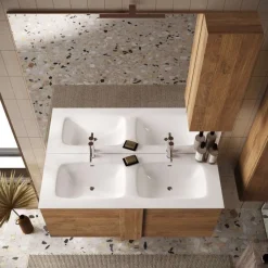 Bagno a due cassetti Oregon sospeso con doppia vasca in finitura Rovere Mercure