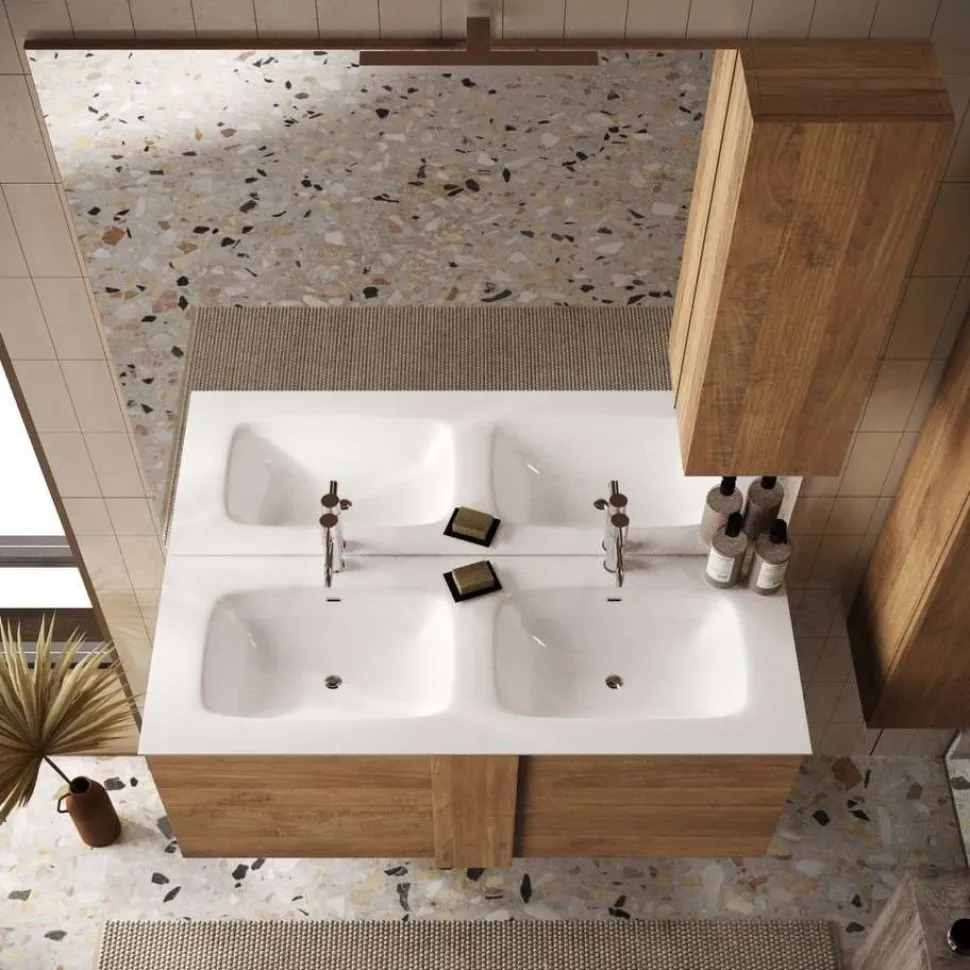 Bagno a due cassetti Oregon sospeso con doppia vasca in finitura Rovere Mercure