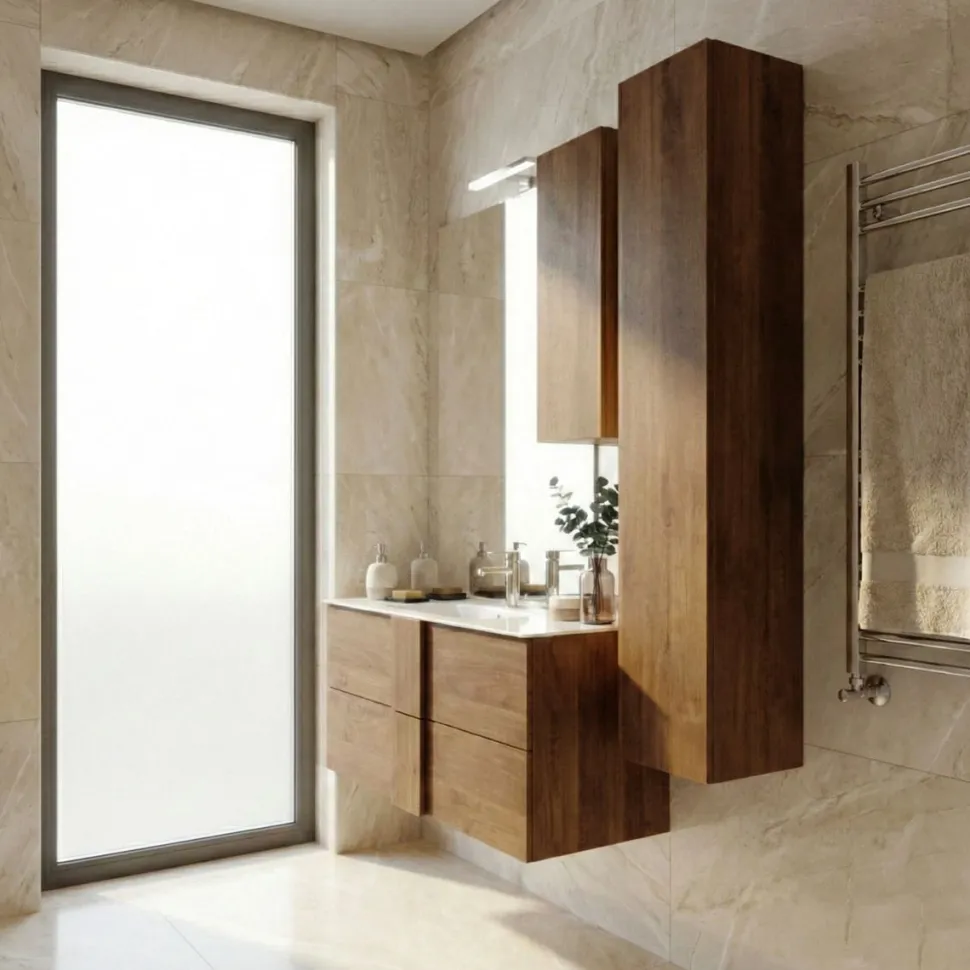 Bagno a due cassetti Oregon sospeso in finitura Rovere Mercure