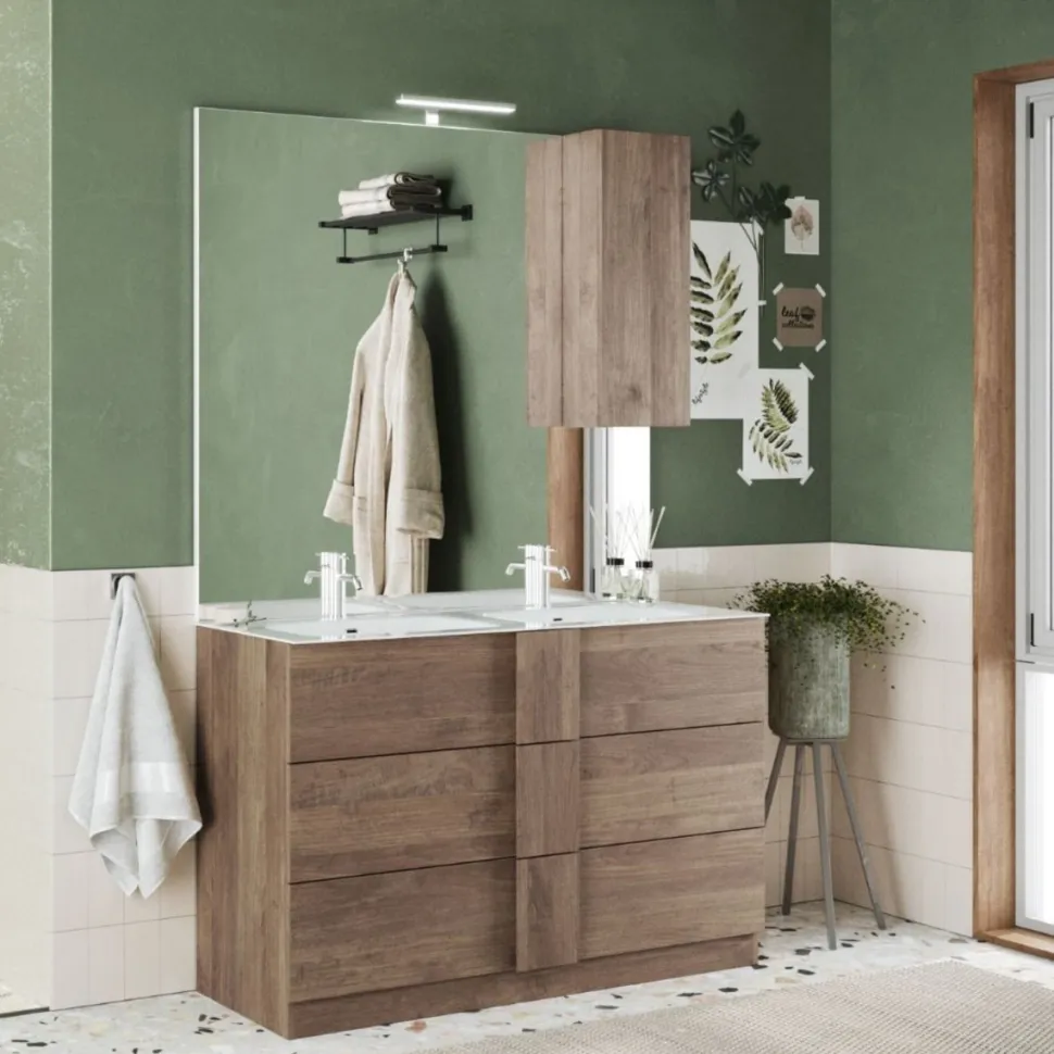 Bagno a tre cassetti Oregon con doppia vasca in finitura Rovere Mercure