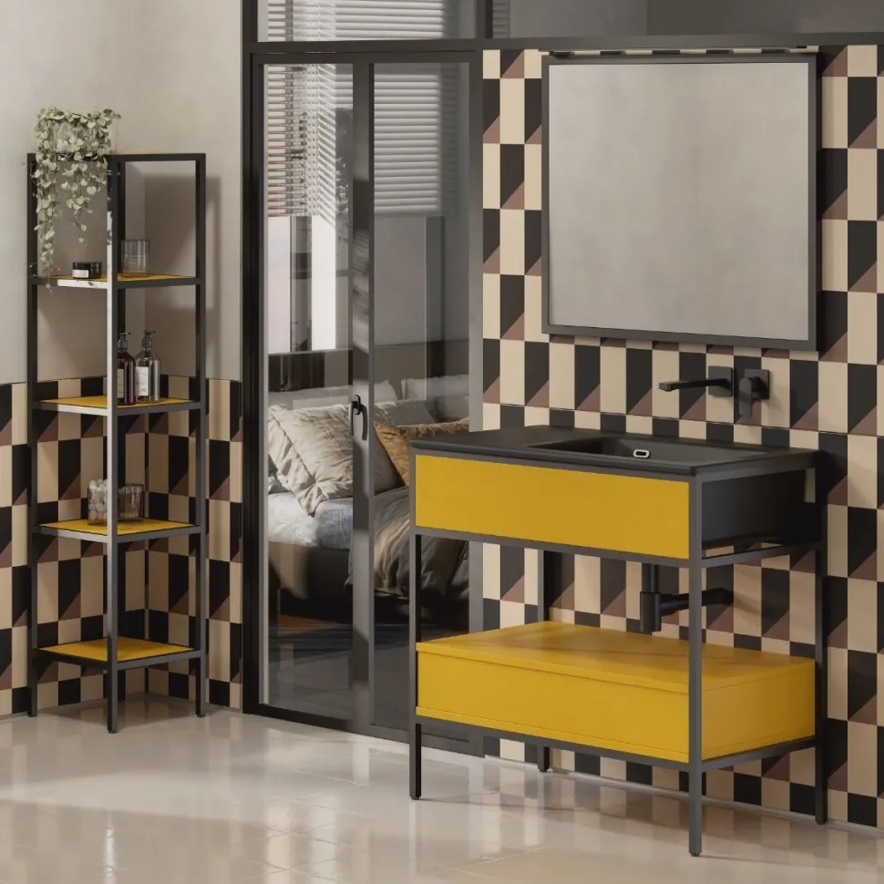 Bagno con struttura in alluminio Skema con lavabo in ceramica decentrato e 1 cassetto disponibile in vari colori