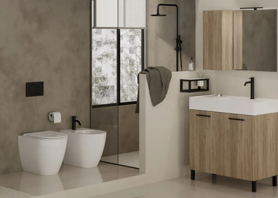 Bagno monoblocco Compact 2 ante e lavabo decentrato in ocritech con doppio fondo disponibile in vari colori