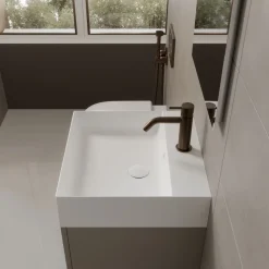 Bagno monoblocco sospeso 2 cassettoni e lavabo decentrato in ocritech disponibile in vari colori