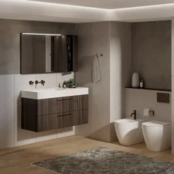Bagno monoblocco sospeso 2 cassettoni e lavabo decentrato in ocritech disponibile in vari colori