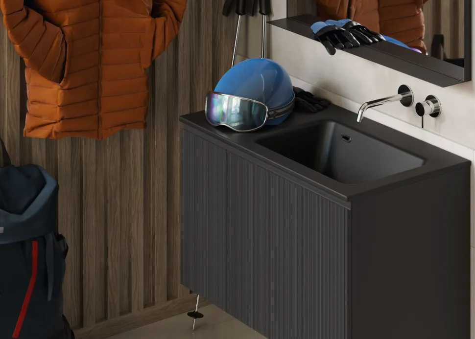 Bagno Nanco+ sospeso con lavabo decentrato e 1 cassettone disponibile in vari colori