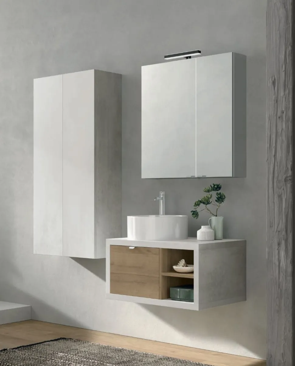 Bagno sospeso con cassetto e vani a giorno lavabo in appoggio Domus disponibile in 4 colori