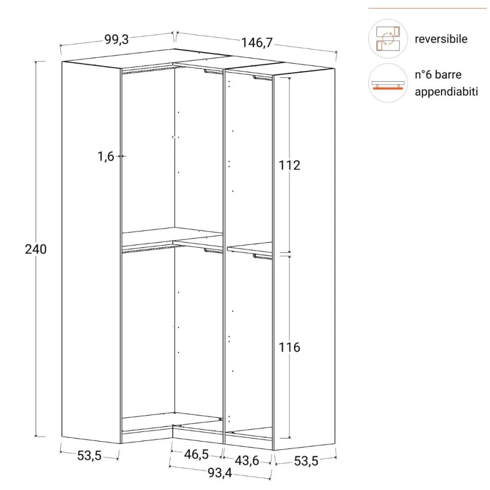 Cabina armadio angolare a vista componibile 147x240 finitura Cashmere disponibile in 4 colori