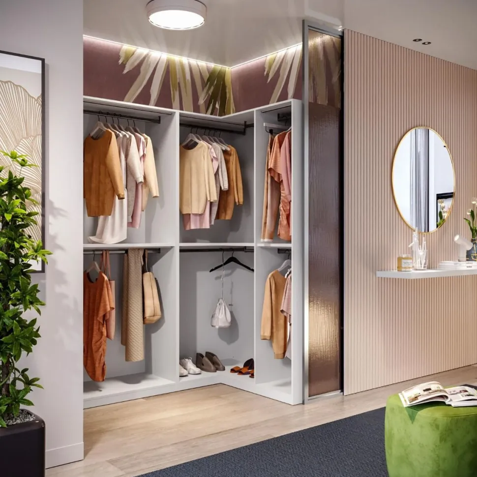 Cabina armadio angolare a vista finitura Cashmere disponibile in 4 colori
