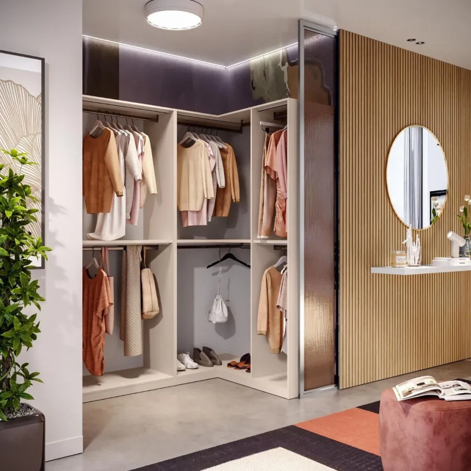 Cabina armadio angolare a vista finitura Cashmere disponibile in 4 colori