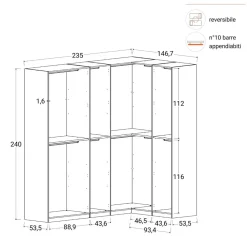 Cabina armadio a vista angolare componibile 235x240 finitura Bianco Lucido disponibile in 4 colori