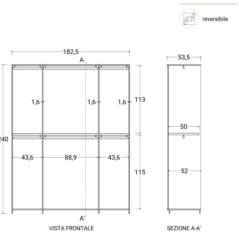 Cabina armadio lineare a vista L 183 finitura Cashmere disponibile in 4 colori