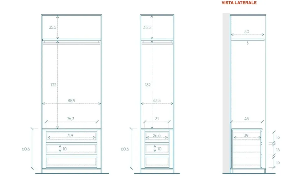 Cabina armadio lineare a vista L 183 finitura Bronzo disponibile in 4 colori