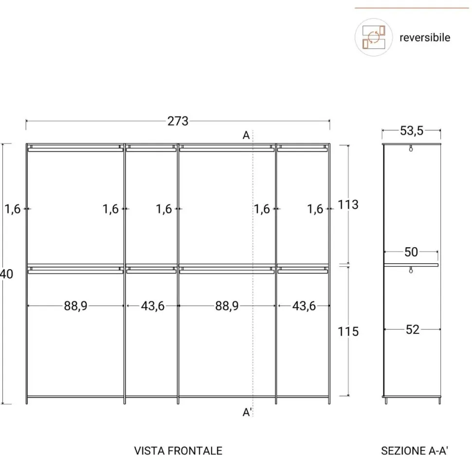 Cabina armadio lineare componibile 273x240h finitura Cashmere disponibile in 4 colori