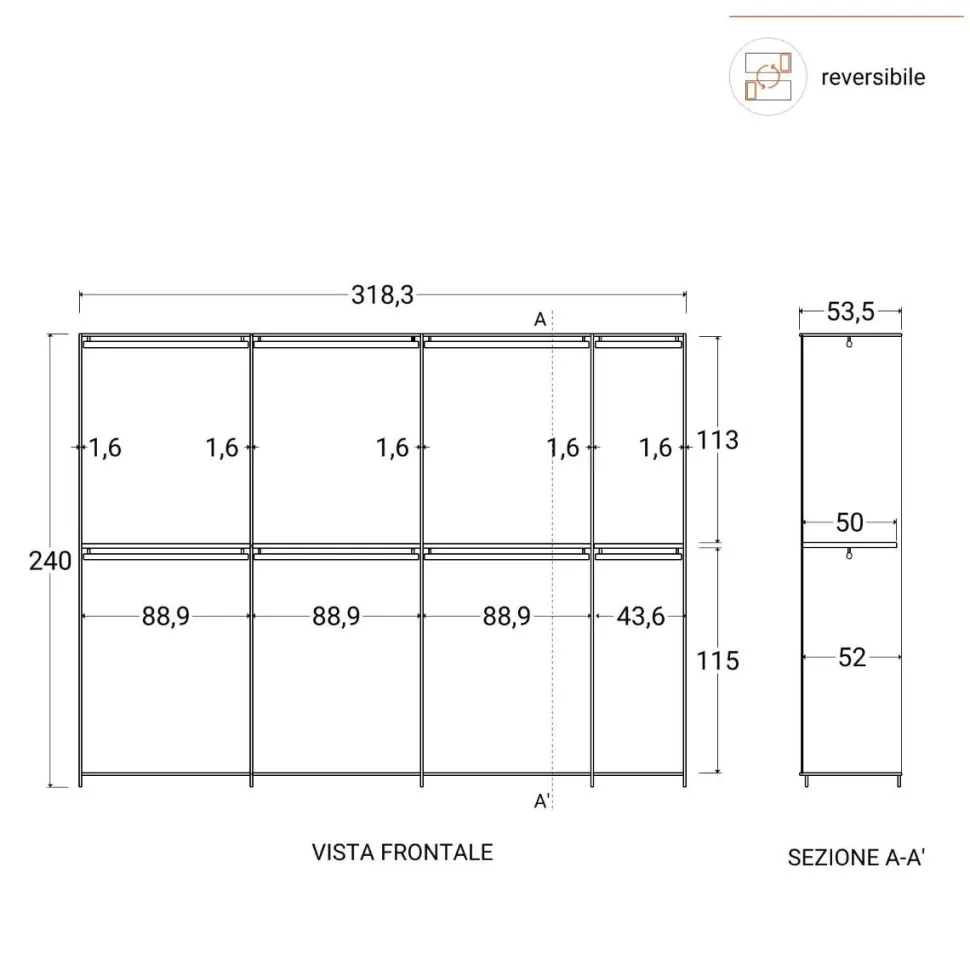 Cabina armadio lineare componibile 318x240h finitura Bronzo disponibile in 4 colori