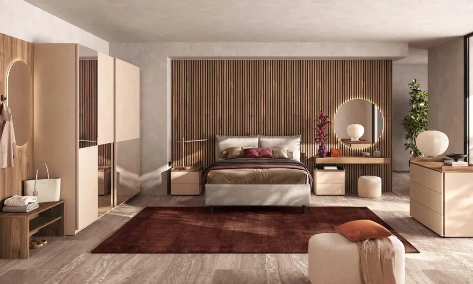 Camera matrimoniale completa con armadio scorrevole e Letto contenitore finitura Cashmere e Noce