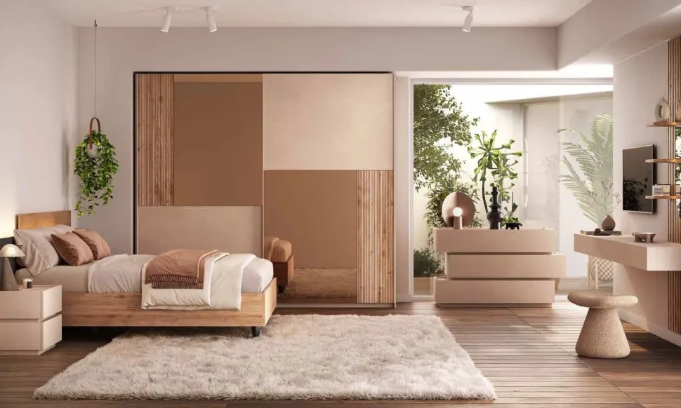 Camera matrimoniale completa con armadio scorrevole inserti a specchio finitura Cashmere e Rovere Cadiz