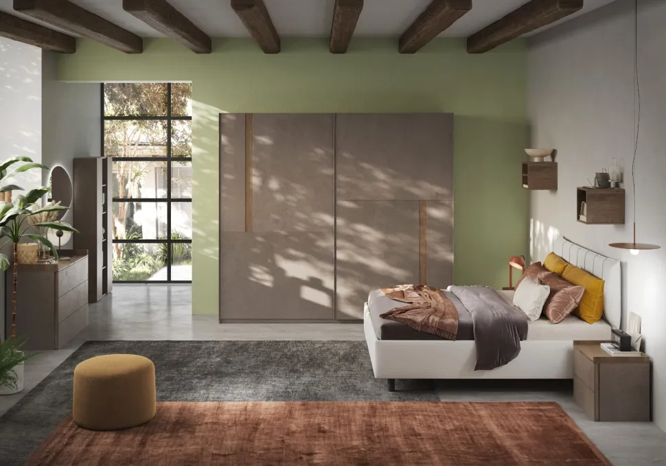Camera matrimoniale con armadio scorrevole Agata linea Chèrie in finitura Bronzo e Rovere Mercure