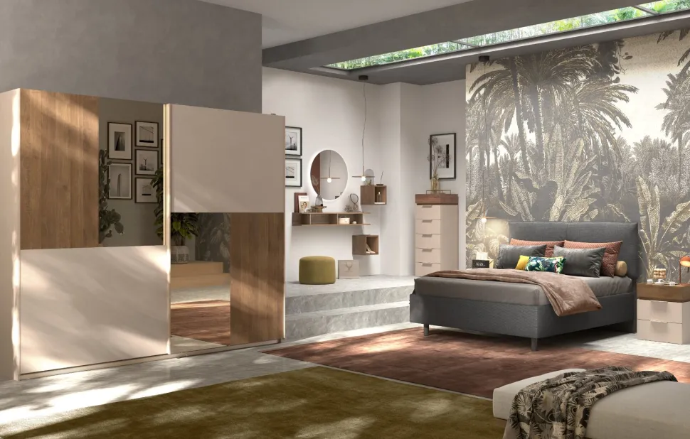 Camera matrimoniale con armadio scorrevole Melany linea Chèrie in finitura Cashmere e Rovere Mercure