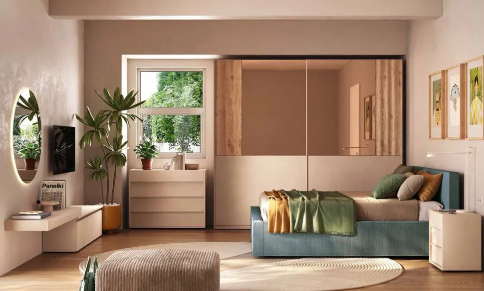 Camera matrimoniale moderna con armadio scorrevole e letto in velluto azzurro finitura Cashmere