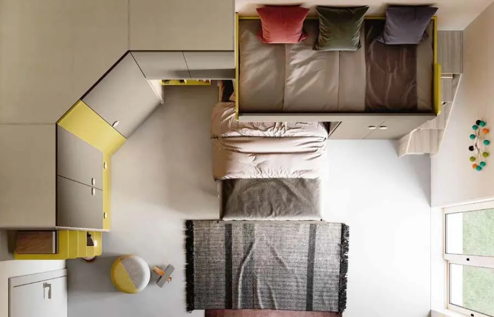 Cameretta angolare con letto a soppalco Giallo senape, Olmo natura e Visone disponibile in 2 misure