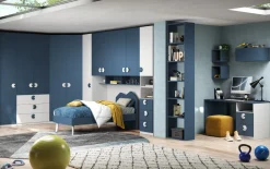 Cameretta angolare moderna Executive Navy Bianco opaco e Blu Navy con Zona Studio