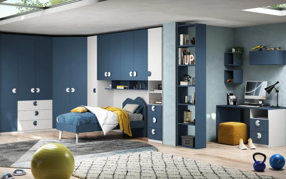 Cameretta angolare moderna Executive Navy Bianco opaco e Blu Navy con Zona Studio